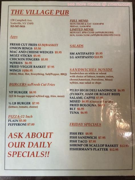 Menu for The Village Pub .